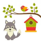 Samolepka - Vlček a pták na stromě